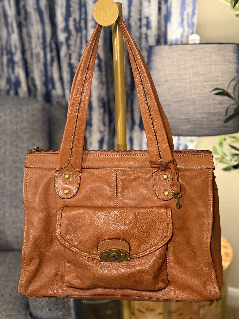 Vintage Fossil Classic Leather Tote Bag - Cognac Brown